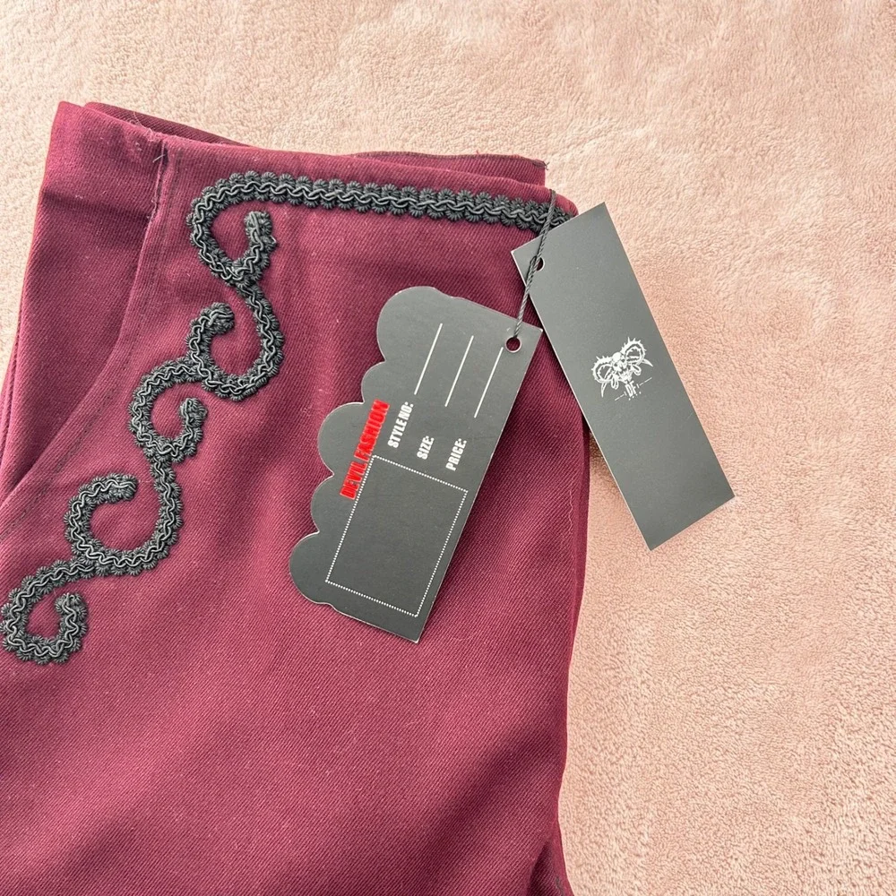 Devil Fashion Mens Burgundy Gothic Victorian Braided Scrollwork Trousers Pants